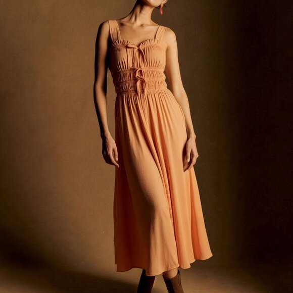 New York & Company Double Bow Tie Ruched Maxi Dress Size MEDIUMMEDIUM / ORANGE - - Picture 3 of 3